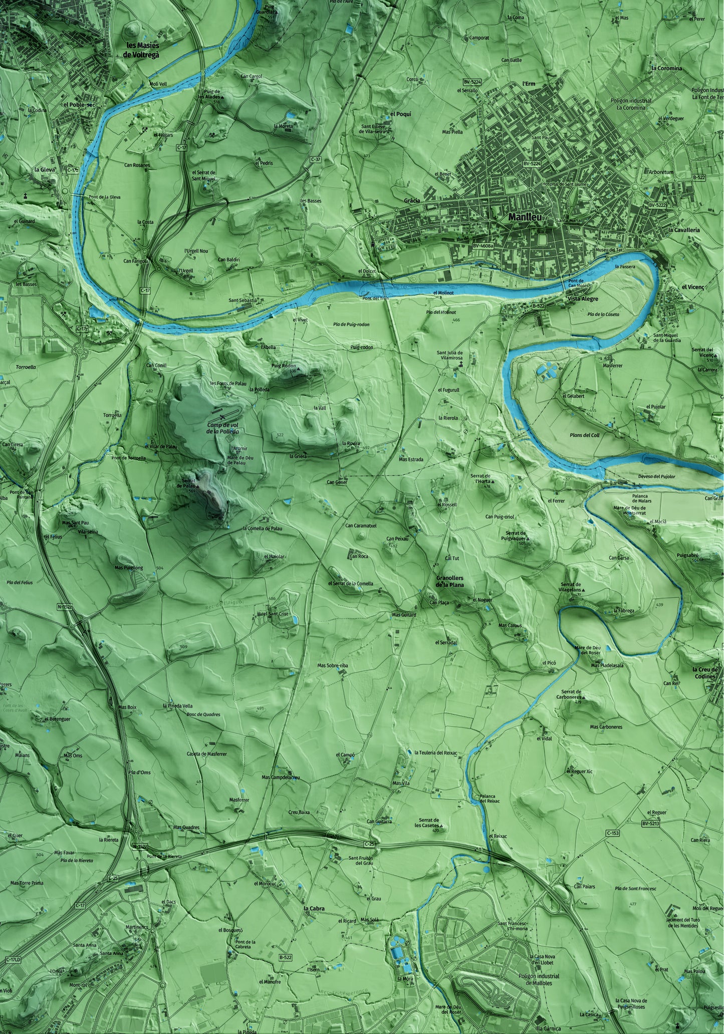Mapa artístico del relieve de Sant Hipòlit de Voltregà, a Osona, con 15 km de entorno y base topográfica ICGC. Detalle de la zona inferior derecha.