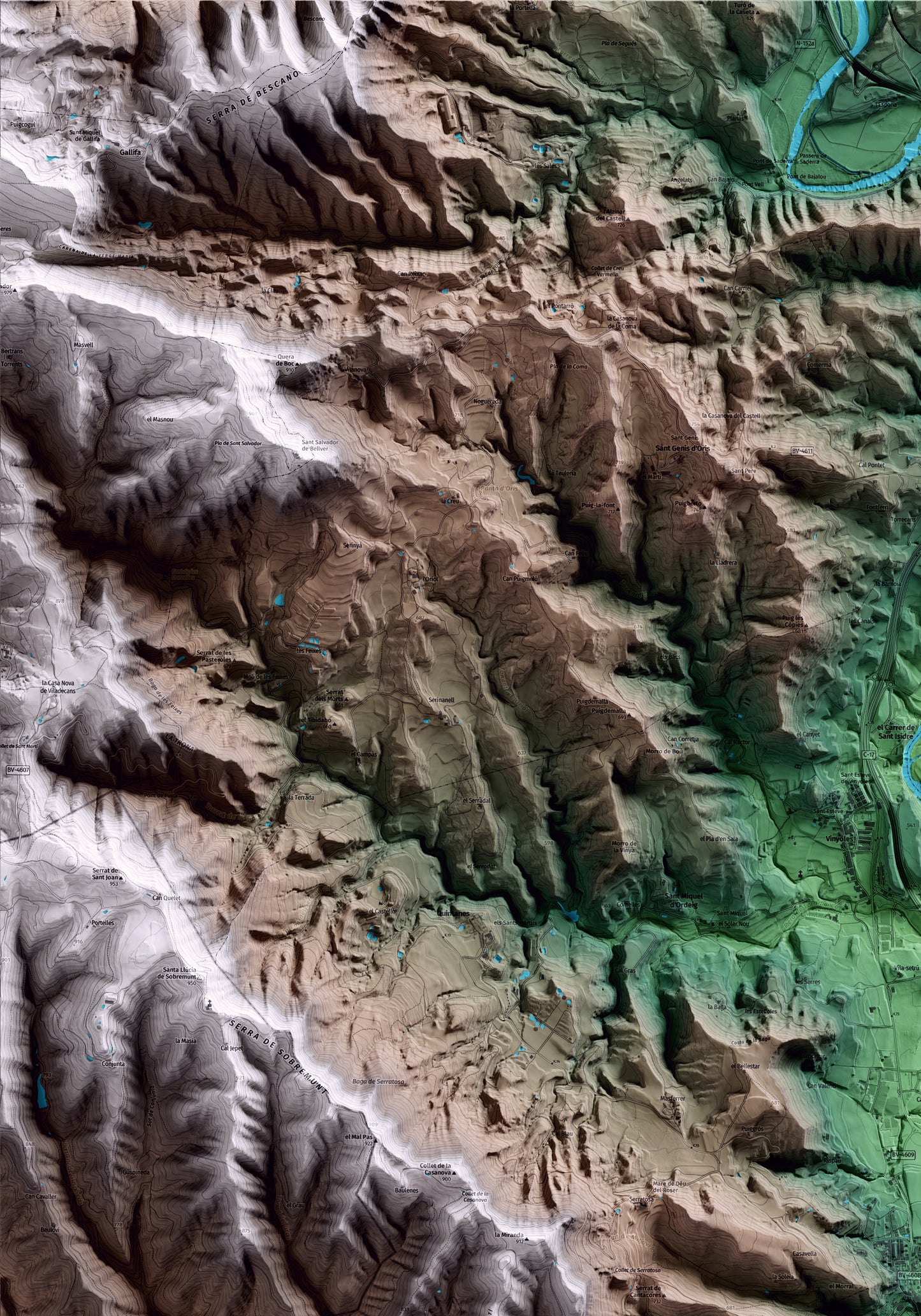 Mapa artístico del relieve de Sant Hipòlit de Voltregà, a Osona, con 15 km de entorno y base topográfica ICGC. Detalle de la zona superior izquierda.