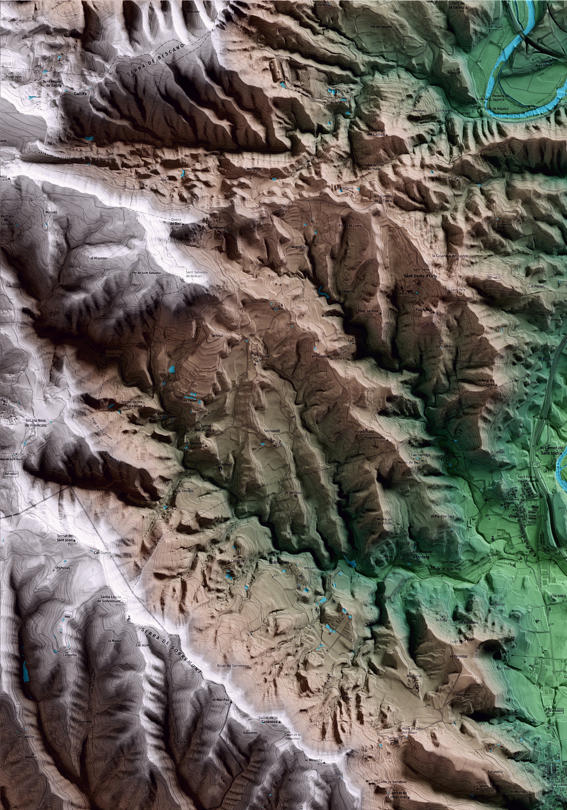 Mapa artístico del relieve de Sant Hipòlit de Voltregà, a Osona, con 15 km de entorno y base topográfica ICGC. Detalle de la zona superior izquierda.