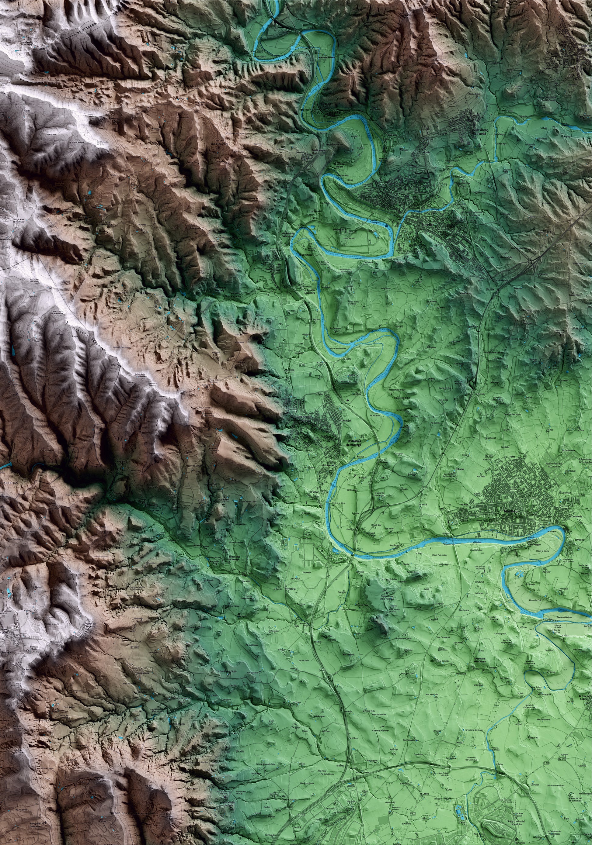 Mapa artístico del relieve de Sant Hipòlit de Voltregà, a Osona, con 15 km de entorno y base topográfica ICGC