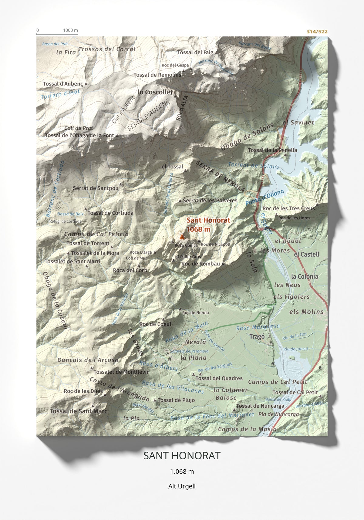 Mapa de relieve de Sant Honorat, 1068 m, Alt Urgell, lámina 100 Cims de Trobart 21 × 30 cm.