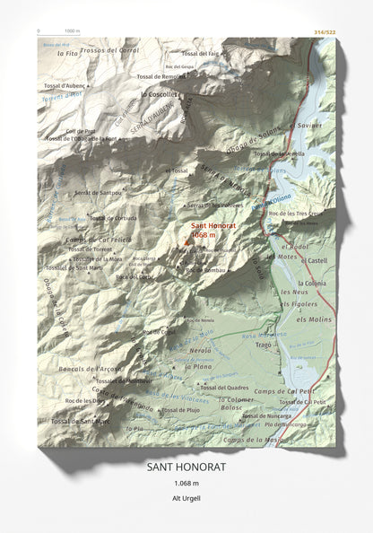 Mapa de relieve de Sant Honorat, 1068 m, Alt Urgell, lámina 100 Cims de Trobart 21 × 30 cm.