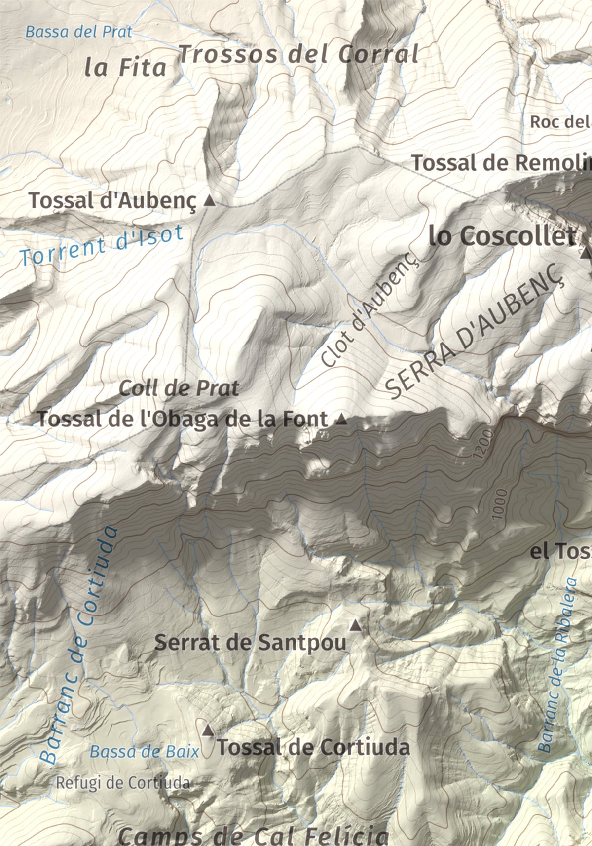 Mapa de relieve de Sant Honorat, 1068 m, Alt Urgell, lámina 100 Cims de Trobart. Detalle de la zona superior izquierda. 21 × 30 cm.