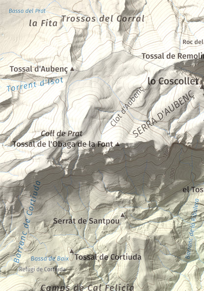 Mapa de relieve de Sant Honorat, 1068 m, Alt Urgell, lámina 100 Cims de Trobart. Detalle de la zona superior izquierda. 21 × 30 cm.