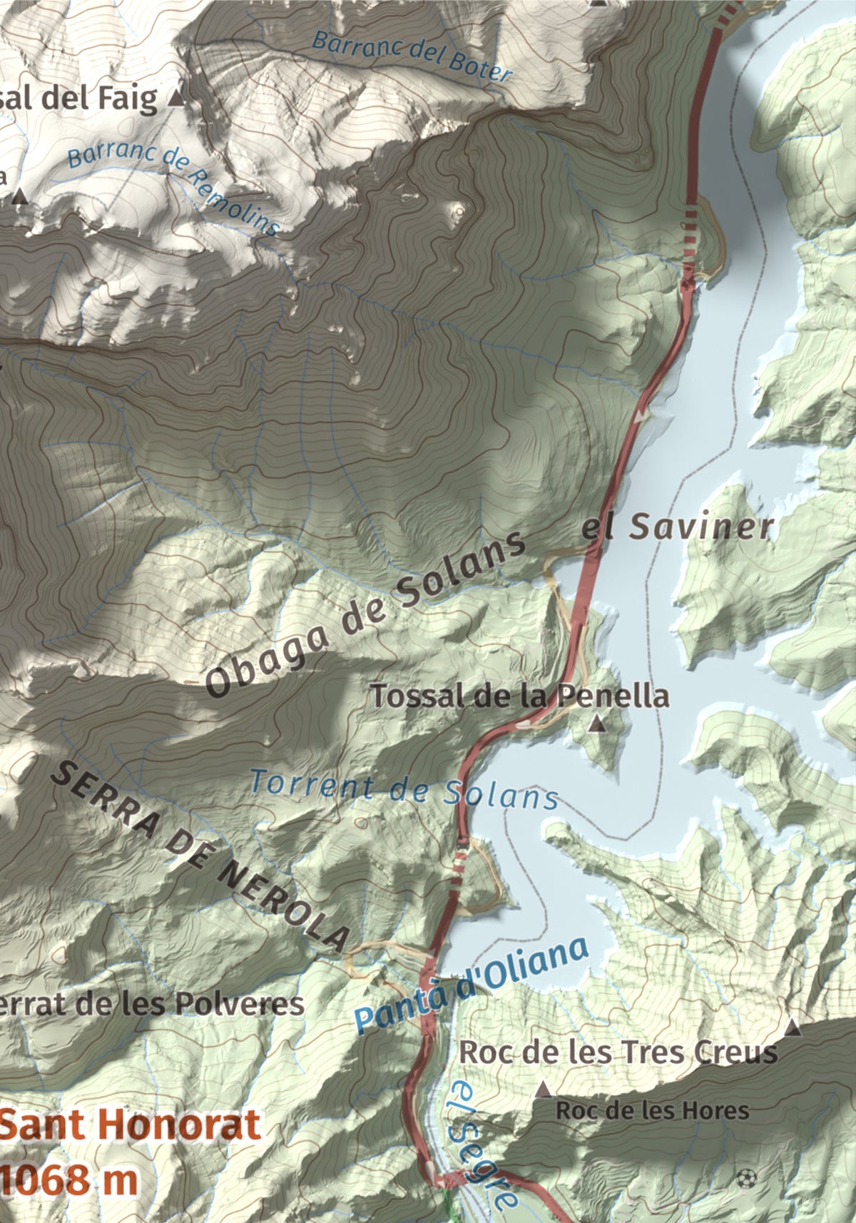 Mapa de relieve de Sant Honorat, 1068 m, Alt Urgell, lámina 100 Cims de Trobart. Detalle de la zona superior derecha. 21 × 30 cm.