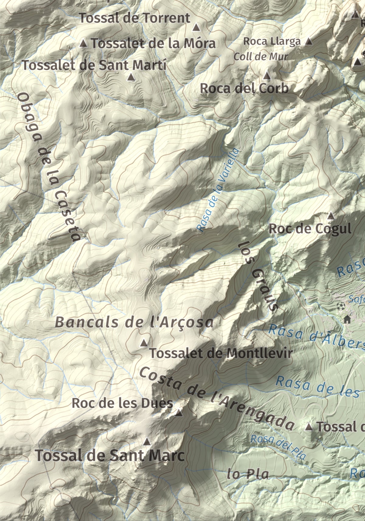 Mapa de relieve de Sant Honorat, 1068 m, Alt Urgell, lámina 100 Cims de Trobart. Detalle de la zona inferior izquierda. 21 × 30 cm.