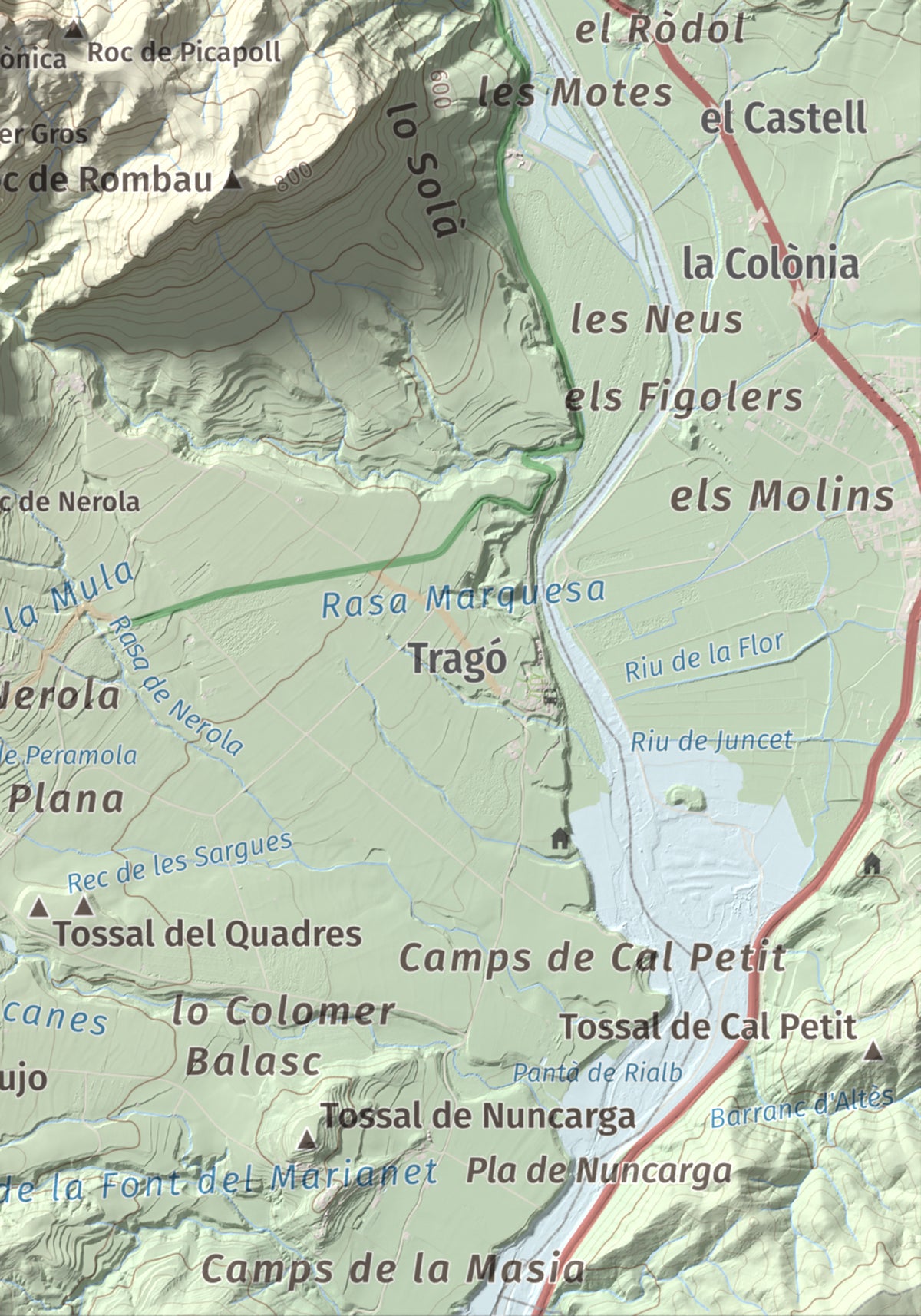 Mapa de relieve de Sant Honorat, 1068 m, Alt Urgell, lámina 100 Cims de Trobart. Detalle de la zona inferior derecha. 21 × 30 cm.