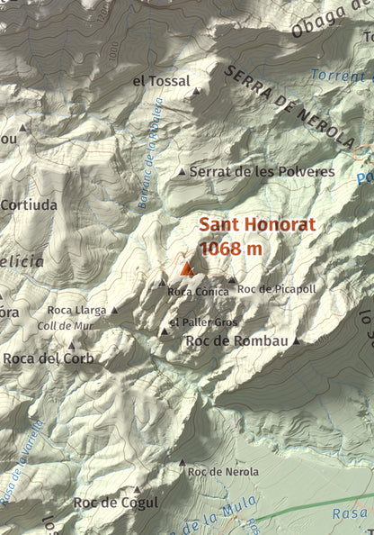 Mapa de relieve de Sant Honorat, 1068 m, Alt Urgell, lámina 100 Cims de Trobart. Detalle de la zona central. 21 × 30 cm.