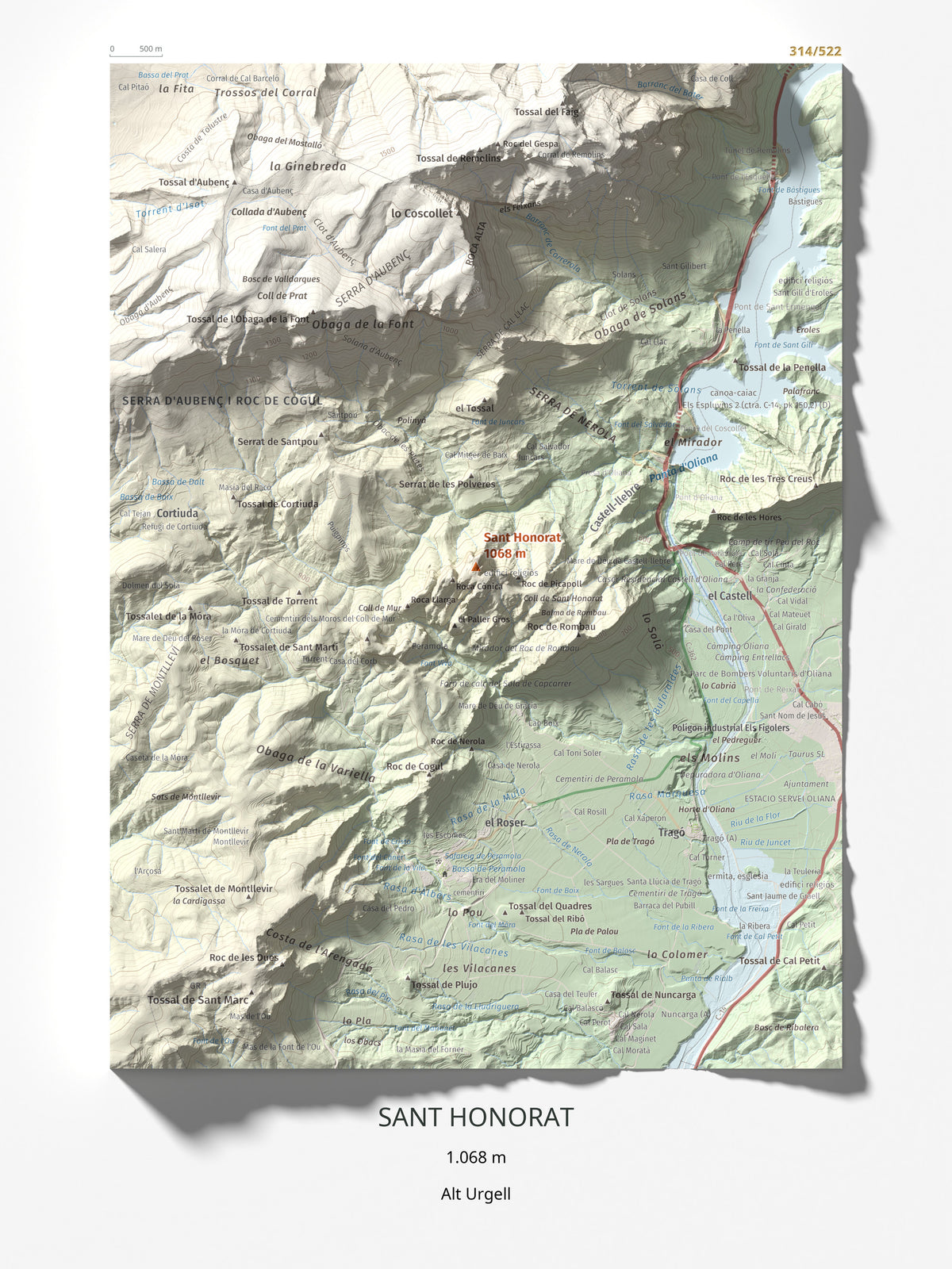 Mapa de relieve de Sant Honorat, 1068 m, Alt Urgell, lámina 100 Cims de Trobart 30 × 40 cm.