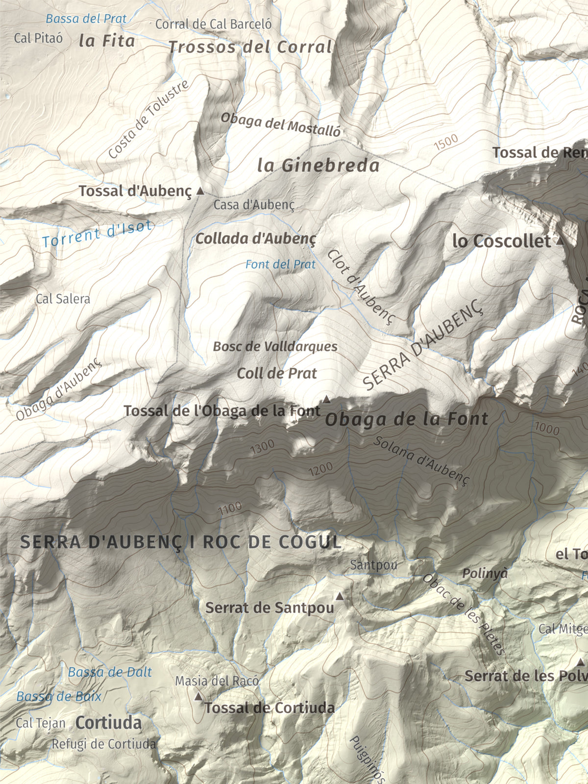 Mapa de relieve de Sant Honorat, 1068 m, Alt Urgell, lámina 100 Cims de Trobart. Detalle de la zona superior izquierda. 30 × 40 cm.