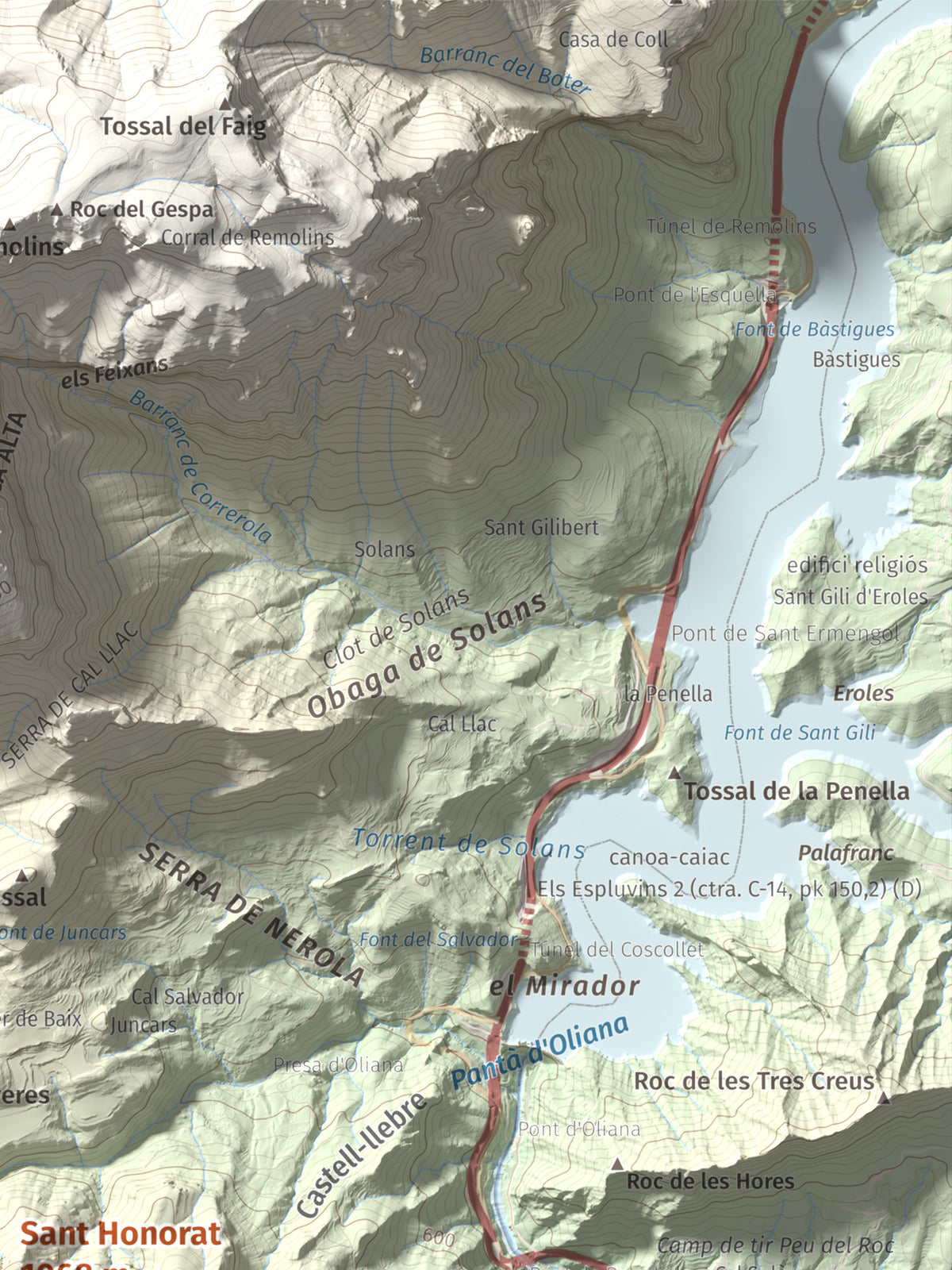 Mapa de relieve de Sant Honorat, 1068 m, Alt Urgell, lámina 100 Cims de Trobart. Detalle de la zona superior derecha. 30 × 40 cm.