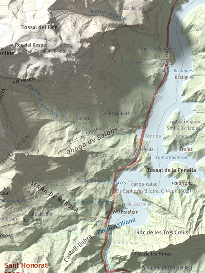 Mapa de relieve de Sant Honorat, 1068 m, Alt Urgell, lámina 100 Cims de Trobart. Detalle de la zona superior derecha. 30 × 40 cm.