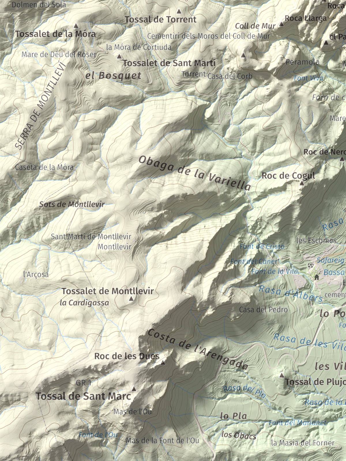 Mapa de relieve de Sant Honorat, 1068 m, Alt Urgell, lámina 100 Cims de Trobart. Detalle de la zona inferior izquierda. 30 × 40 cm.