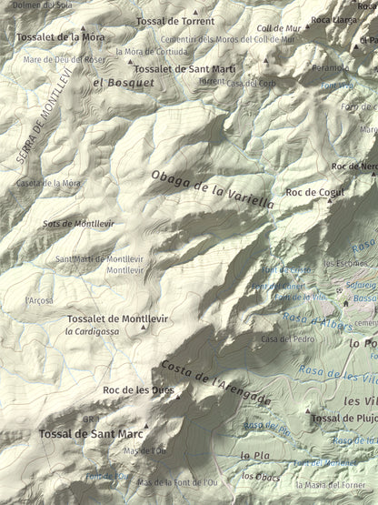 Mapa de relieve de Sant Honorat, 1068 m, Alt Urgell, lámina 100 Cims de Trobart. Detalle de la zona inferior izquierda. 30 × 40 cm.