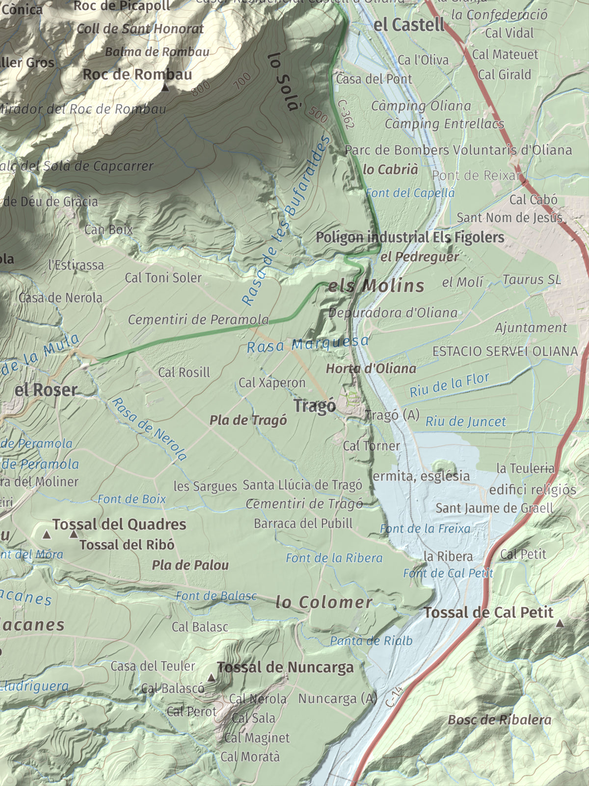 Mapa de relieve de Sant Honorat, 1068 m, Alt Urgell, lámina 100 Cims de Trobart. Detalle de la zona inferior derecha. 30 × 40 cm.