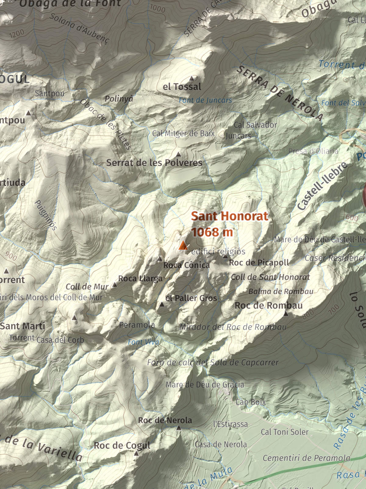 Mapa de relieve de Sant Honorat, 1068 m, Alt Urgell, lámina 100 Cims de Trobart. Detalle de la zona central. 30 × 40 cm.