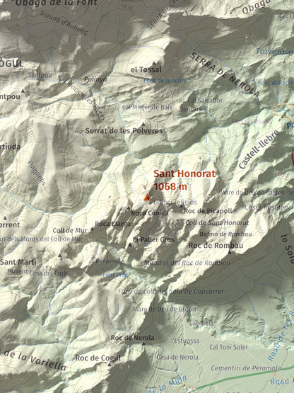 Mapa de relieve de Sant Honorat, 1068 m, Alt Urgell, lámina 100 Cims de Trobart. Detalle de la zona central. 30 × 40 cm.