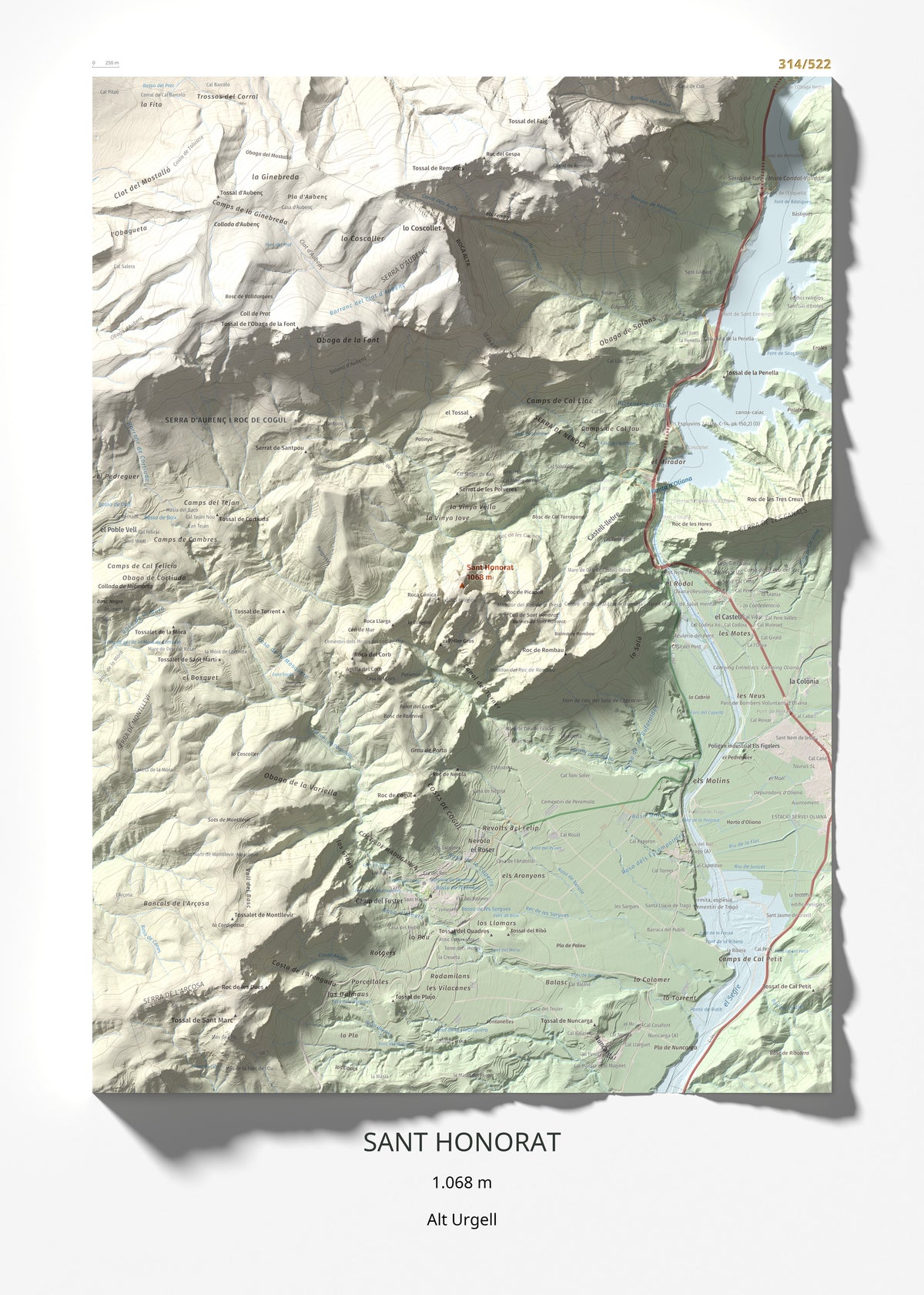 Mapa de relieve de Sant Honorat, 1068 m, Alt Urgell, lámina 100 Cims de Trobart 50 × 70 cm.