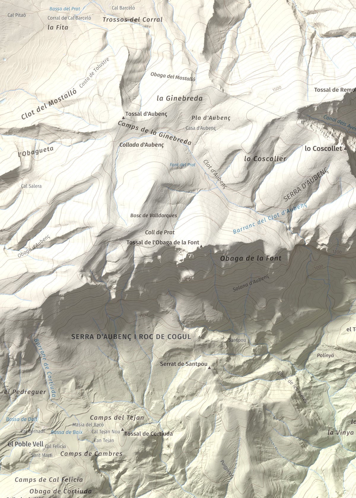 Mapa de relieve de Sant Honorat, 1068 m, Alt Urgell, lámina 100 Cims de Trobart. Detalle de la zona superior izquierda. 50 × 70 cm.