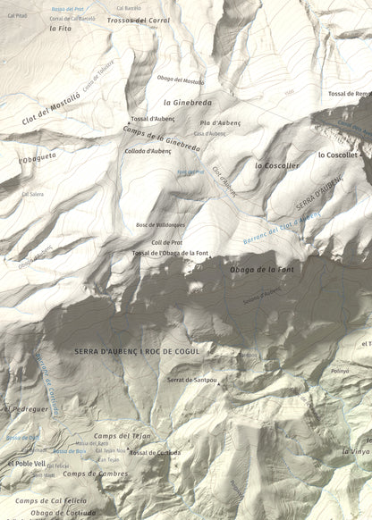 Mapa de relieve de Sant Honorat, 1068 m, Alt Urgell, lámina 100 Cims de Trobart. Detalle de la zona superior izquierda. 50 × 70 cm.