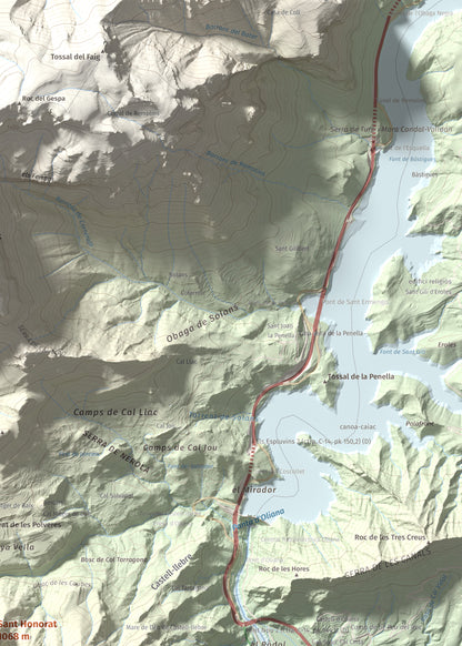 Mapa de relieve de Sant Honorat, 1068 m, Alt Urgell, lámina 100 Cims de Trobart. Detalle de la zona superior derecha. 50 × 70 cm.