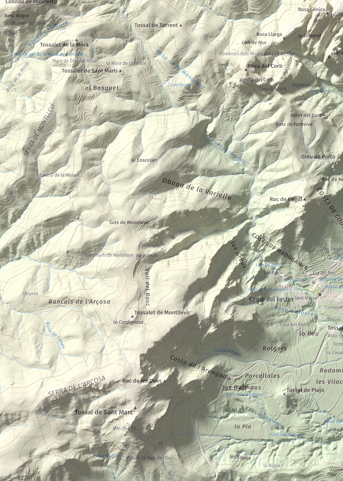 Mapa de relieve de Sant Honorat, 1068 m, Alt Urgell, lámina 100 Cims de Trobart. Detalle de la zona inferior izquierda. 50 × 70 cm.