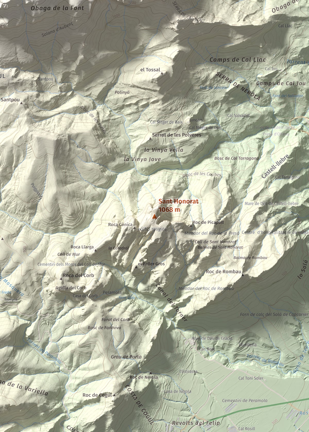 Mapa de relieve de Sant Honorat, 1068 m, Alt Urgell, lámina 100 Cims de Trobart. Detalle de la zona central. 50 × 70 cm.