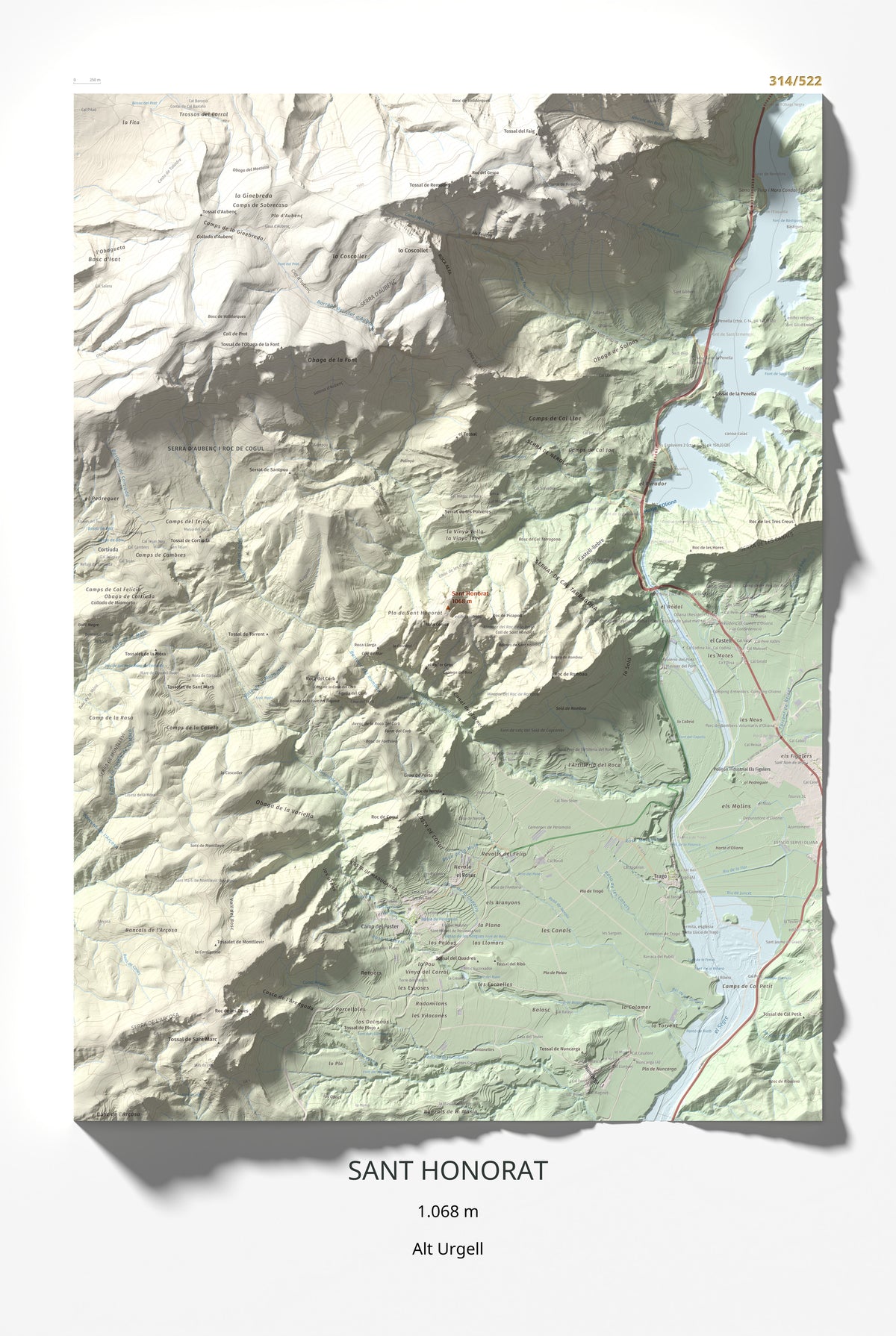 Mapa de relieve de Sant Honorat, 1068 m, Alt Urgell, lámina 100 Cims de Trobart 61 × 91 cm.
