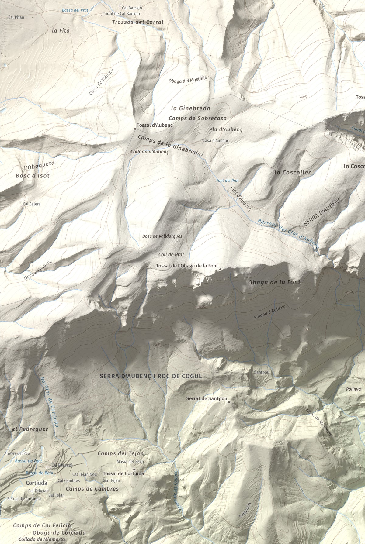 Mapa de relieve de Sant Honorat, 1068 m, Alt Urgell, lámina 100 Cims de Trobart. Detalle de la zona superior izquierda. 61 × 91 cm.