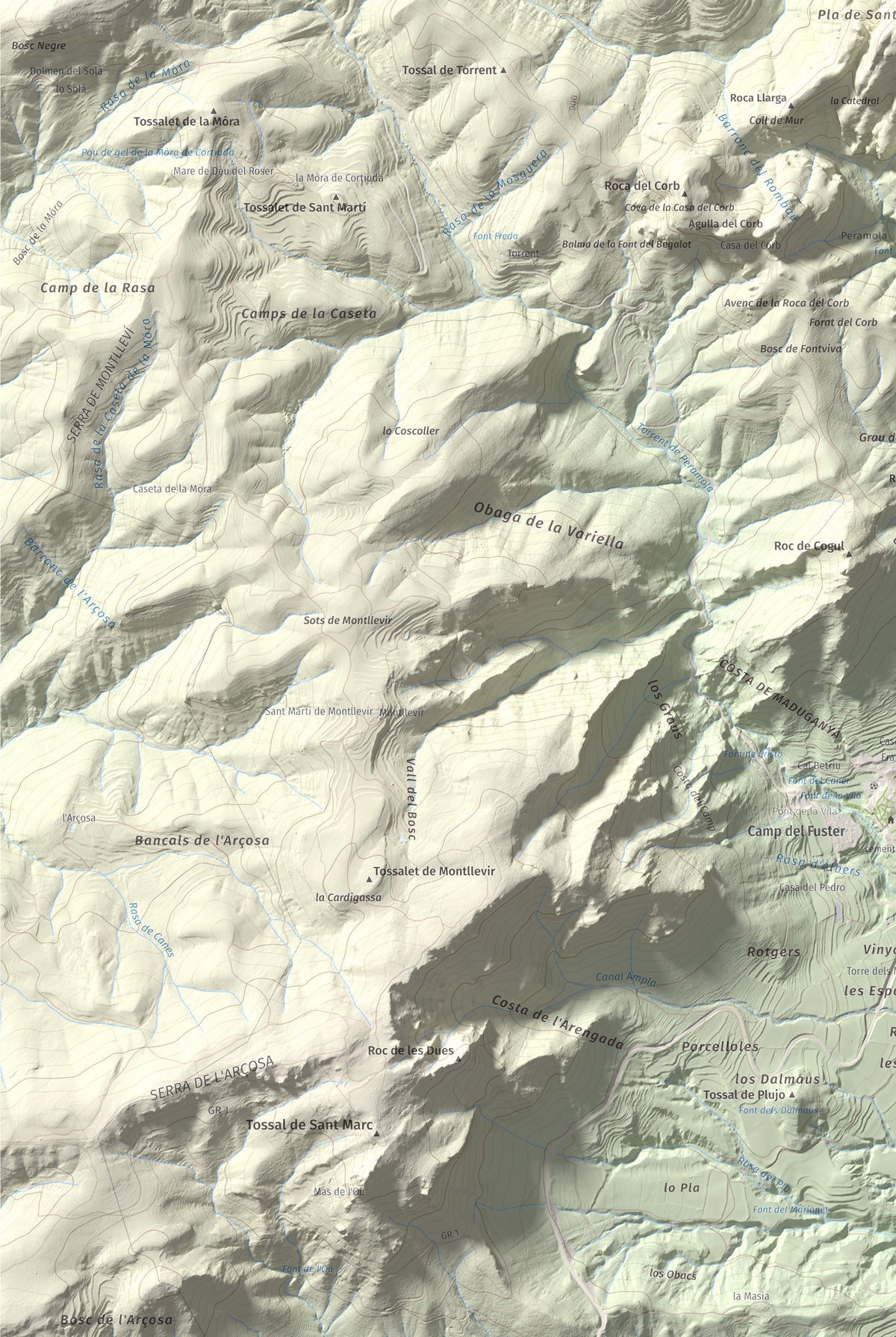 Mapa de relieve de Sant Honorat, 1068 m, Alt Urgell, lámina 100 Cims de Trobart. Detalle de la zona inferior izquierda. 61 × 91 cm.