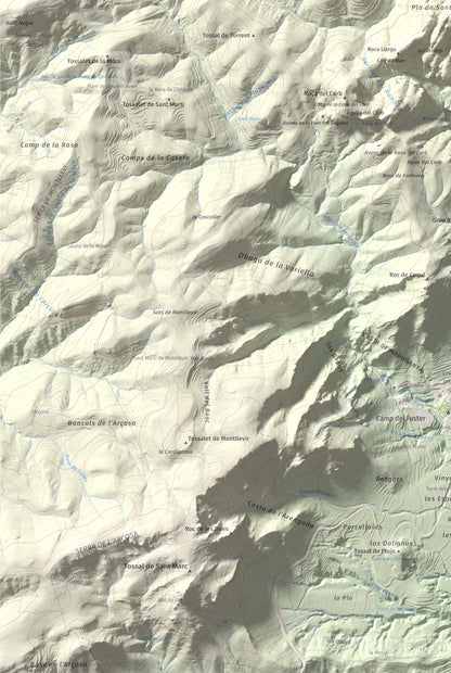 Mapa de relieve de Sant Honorat, 1068 m, Alt Urgell, lámina 100 Cims de Trobart. Detalle de la zona inferior izquierda. 61 × 91 cm.