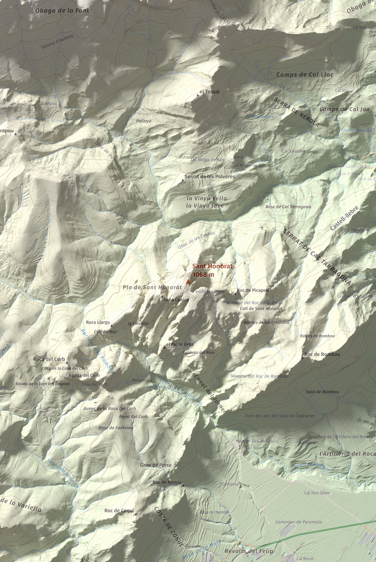Mapa de relieve de Sant Honorat, 1068 m, Alt Urgell, lámina 100 Cims de Trobart. Detalle de la zona central. 61 × 91 cm.