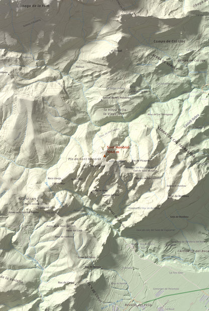 Mapa de relieve de Sant Honorat, 1068 m, Alt Urgell, lámina 100 Cims de Trobart. Detalle de la zona central. 61 × 91 cm.