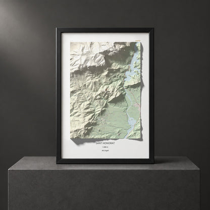 Mapa de relieve de Sant Honorat, 1068 m, Alt Urgell, lámina 100 Cims de Trobart. Presentación enmarcada. 70 × 100 cm.