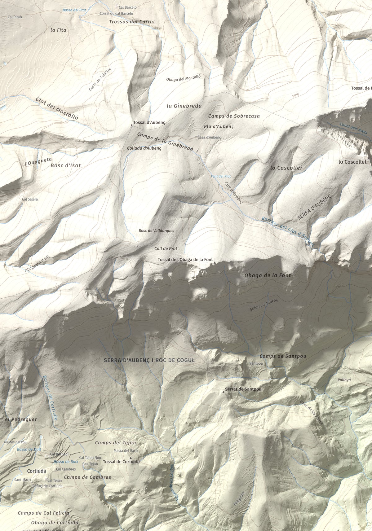 Mapa de relieve de Sant Honorat, 1068 m, Alt Urgell, lámina 100 Cims de Trobart. Detalle de la zona superior izquierda. 70 × 100 cm.
