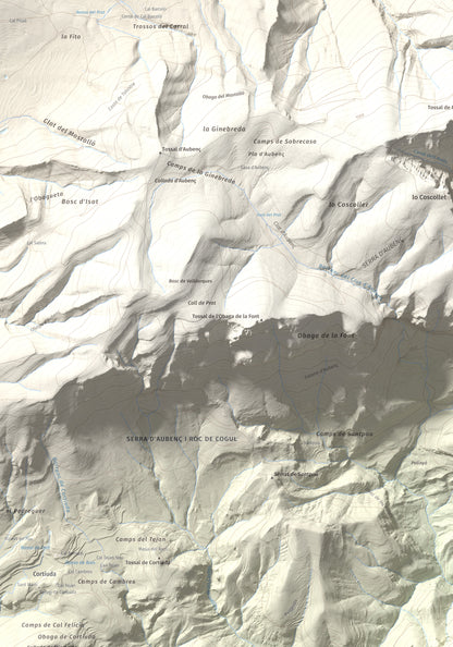 Mapa de relieve de Sant Honorat, 1068 m, Alt Urgell, lámina 100 Cims de Trobart. Detalle de la zona superior izquierda. 70 × 100 cm.