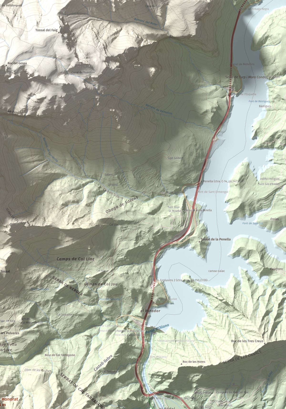 Mapa de relieve de Sant Honorat, 1068 m, Alt Urgell, lámina 100 Cims de Trobart. Detalle de la zona superior derecha. 70 × 100 cm.