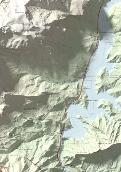 Mapa de relieve de Sant Honorat, 1068 m, Alt Urgell, lámina 100 Cims de Trobart. Detalle de la zona superior derecha. 70 × 100 cm.