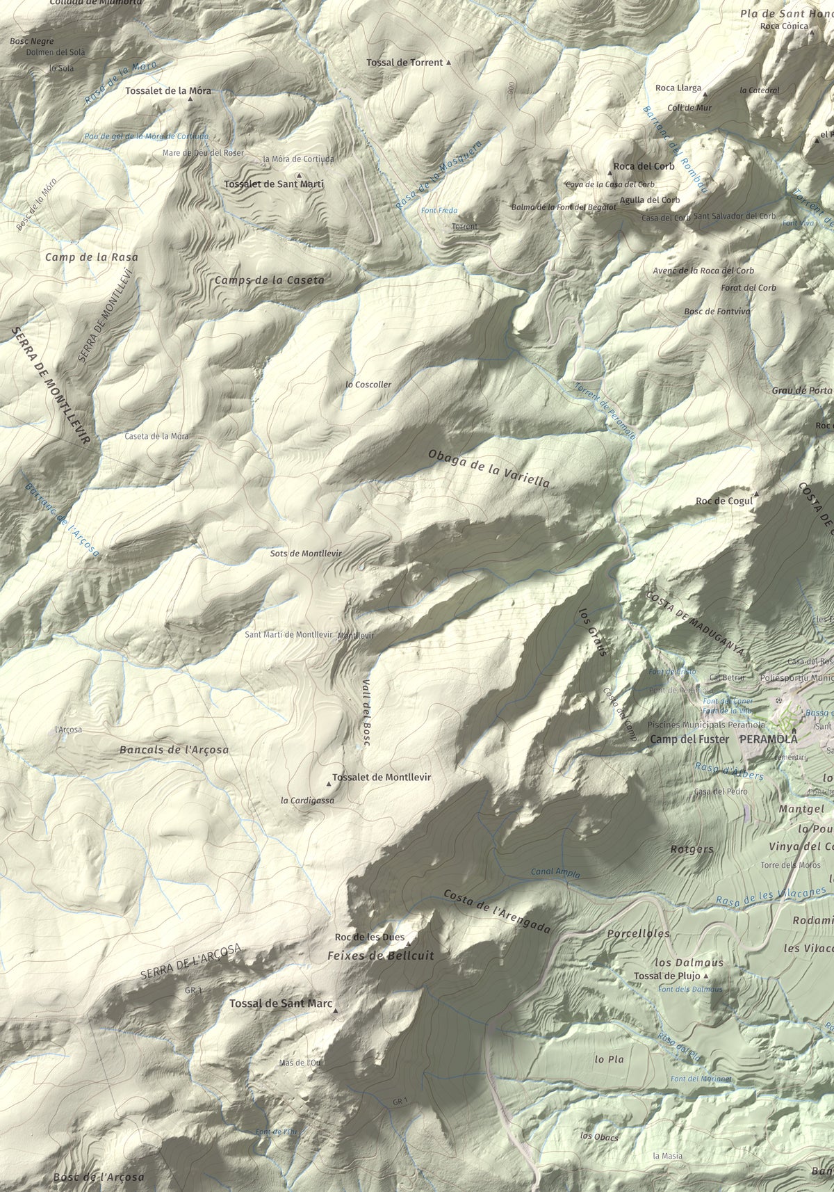 Mapa de relieve de Sant Honorat, 1068 m, Alt Urgell, lámina 100 Cims de Trobart. Detalle de la zona inferior izquierda. 70 × 100 cm.