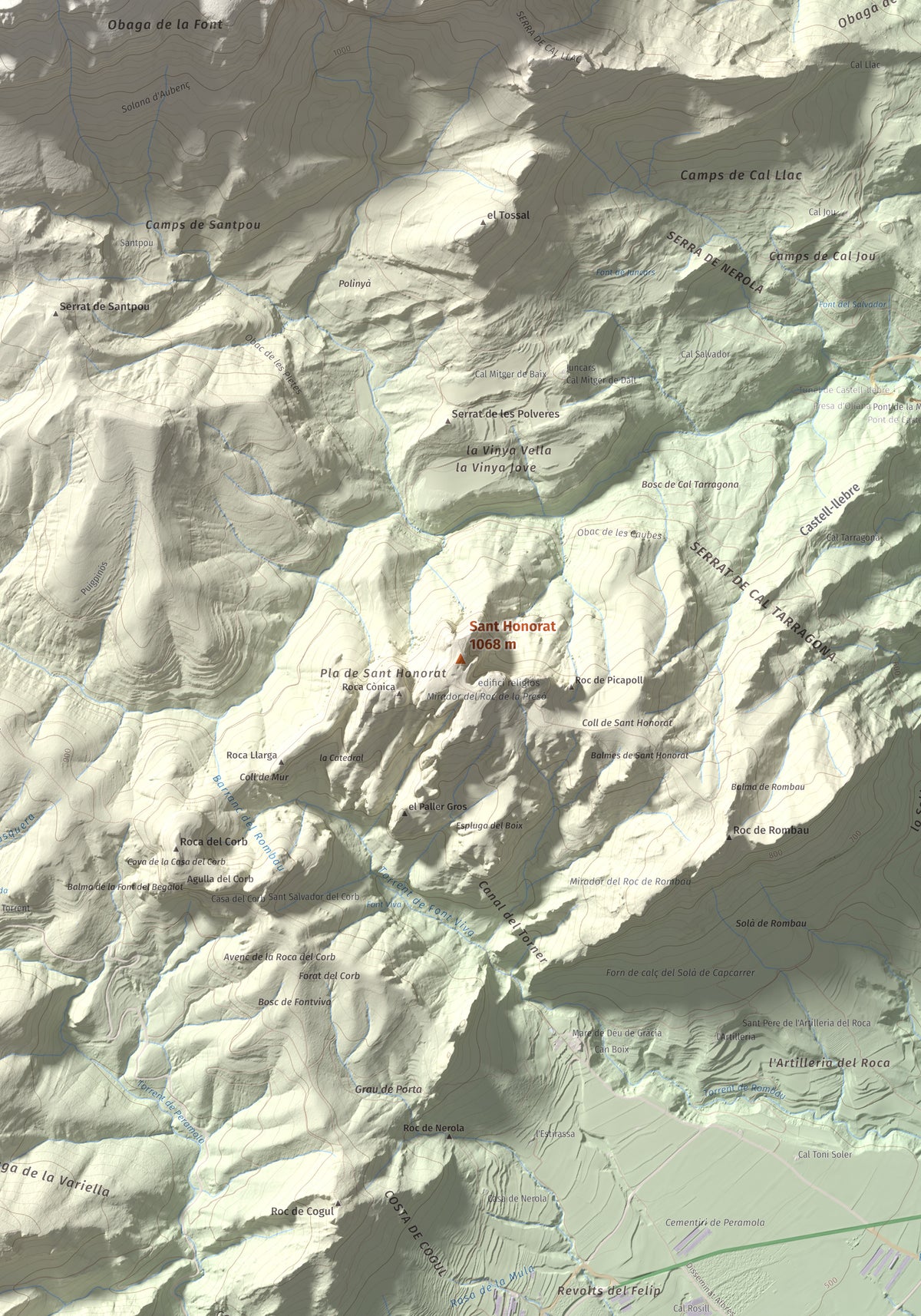 Mapa de relieve de Sant Honorat, 1068 m, Alt Urgell, lámina 100 Cims de Trobart. Detalle de la zona central. 70 × 100 cm.