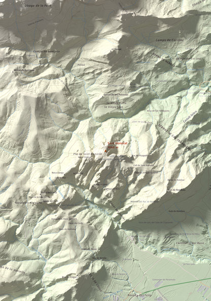 Mapa de relieve de Sant Honorat, 1068 m, Alt Urgell, lámina 100 Cims de Trobart. Detalle de la zona central. 70 × 100 cm.