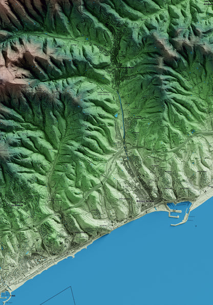 Mapa artístico del relieve de Sant Iscle de Vallalta, al Maresme, con 15 km de entorno y base topográfica ICGC. Detalle de la zona inferior izquierda.