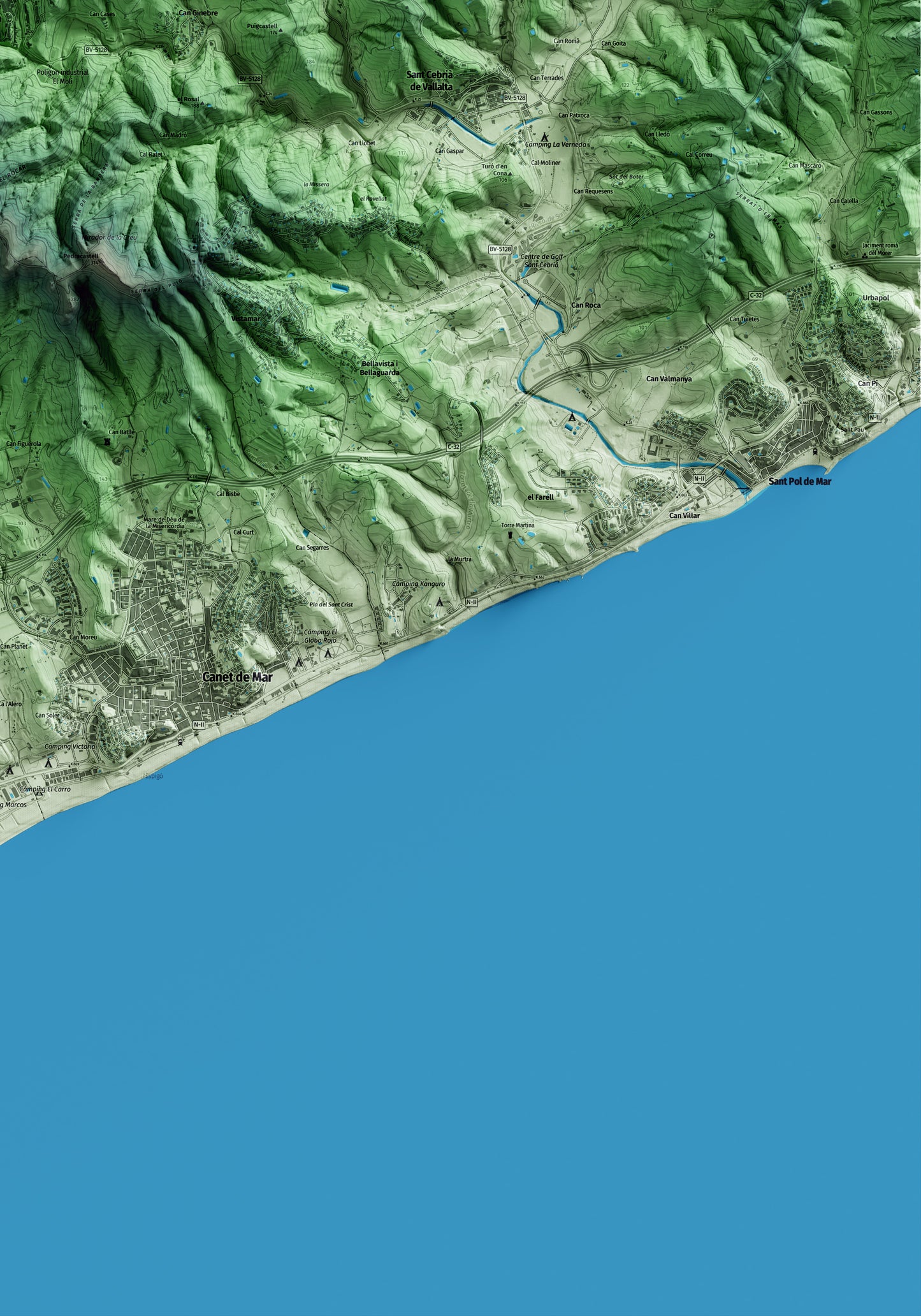 Mapa artístico del relieve de Sant Iscle de Vallalta, al Maresme, con 15 km de entorno y base topográfica ICGC. Detalle de la zona inferior derecha.