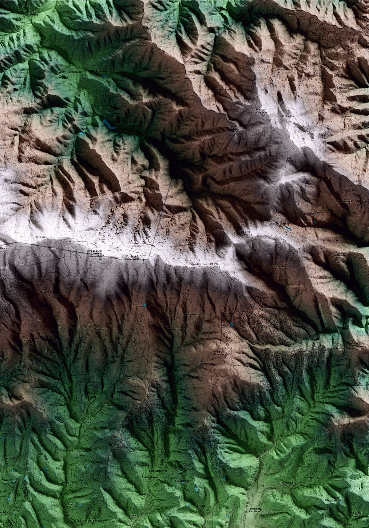 Mapa artístico del relieve de Sant Iscle de Vallalta, al Maresme, con 15 km de entorno y base topográfica ICGC. Detalle de la zona superior derecha.