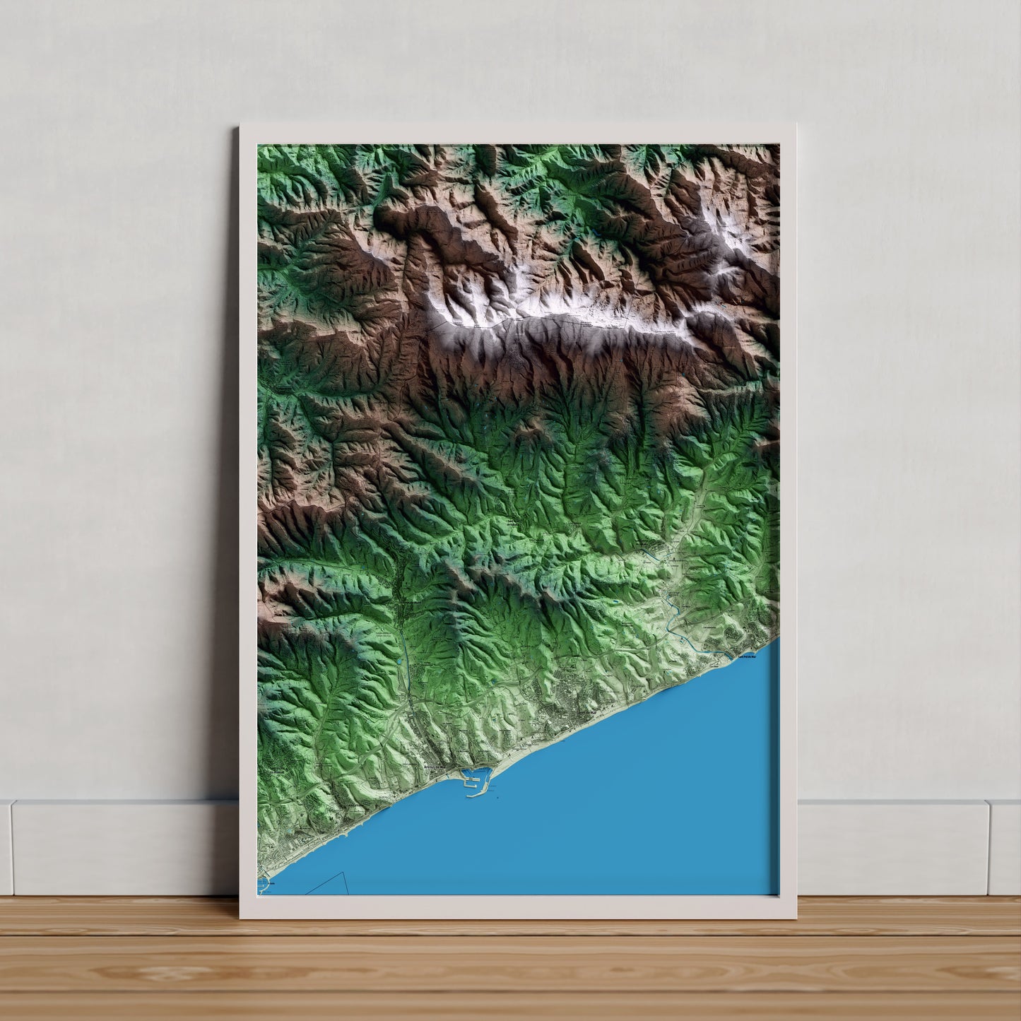 Mapa artístico del relieve de Sant Iscle de Vallalta, al Maresme, con 15 km de entorno y base topográfica ICGC. Presentación enmarcada.