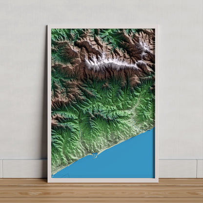 Mapa artístico del relieve de Sant Iscle de Vallalta, al Maresme, con 15 km de entorno y base topográfica ICGC. Presentación enmarcada.