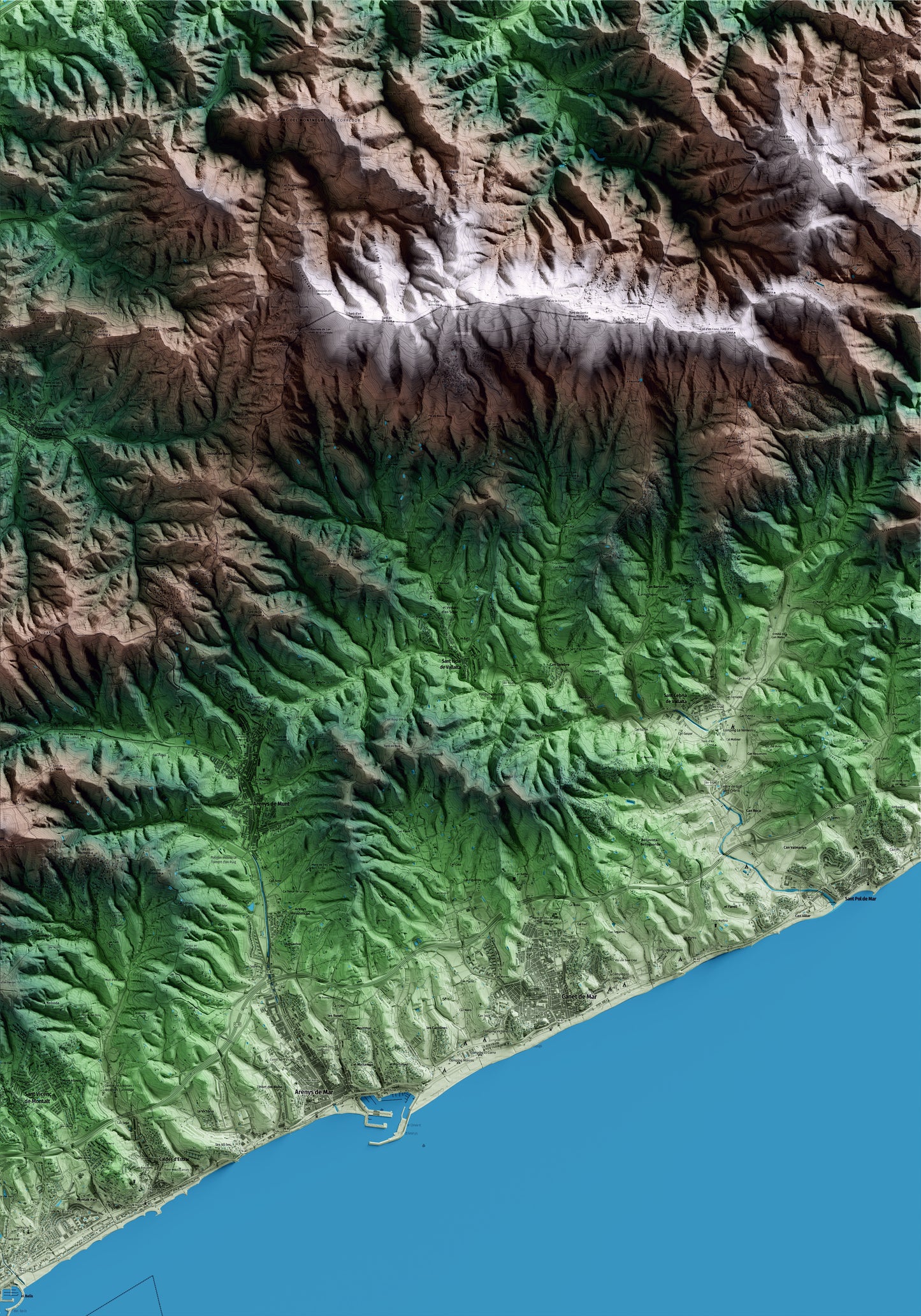 Mapa artístico del relieve de Sant Iscle de Vallalta, al Maresme, con 15 km de entorno y base topográfica ICGC
