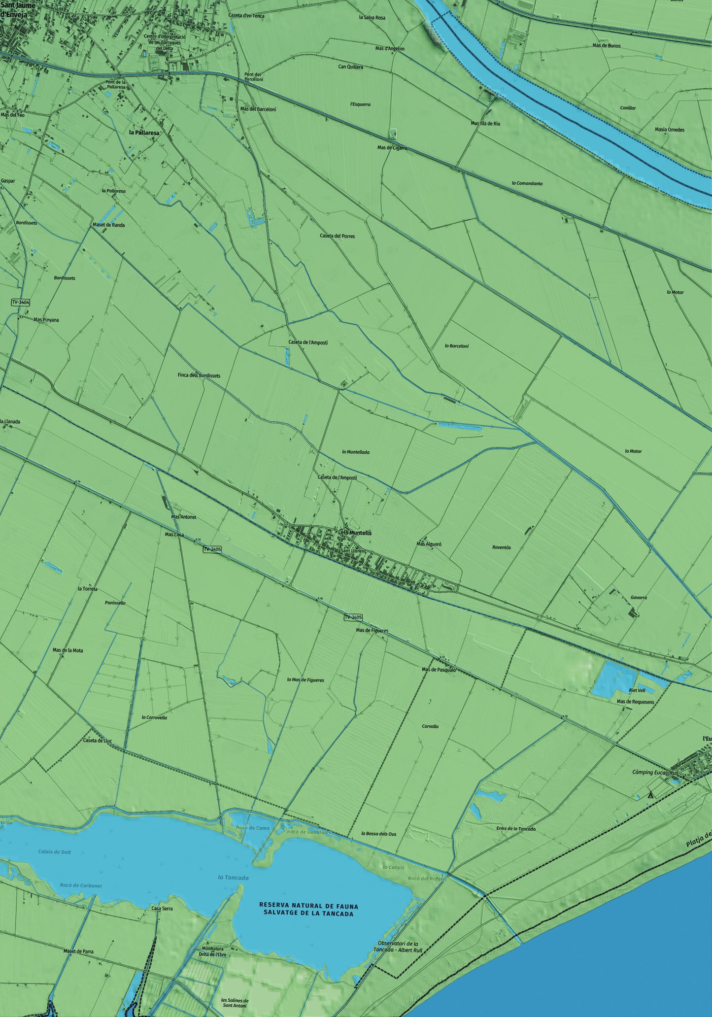 Mapa artístico del relieve de Sant Jaume d'Enveja, al Montsià, con 15 km de entorno y base topográfica ICGC. Detalle de la zona inferior derecha.