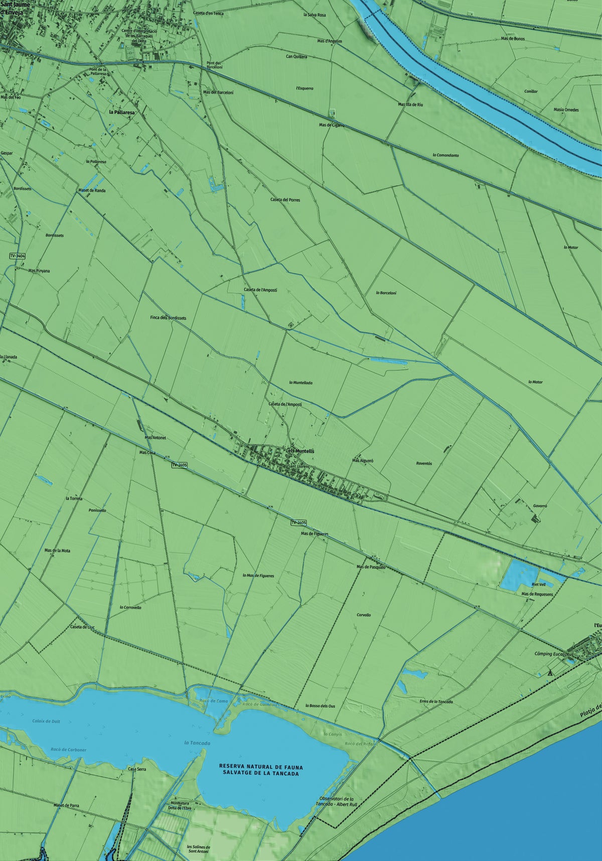 Mapa artístico del relieve de Sant Jaume d'Enveja, al Montsià, con 15 km de entorno y base topográfica ICGC. Detalle de la zona inferior derecha.