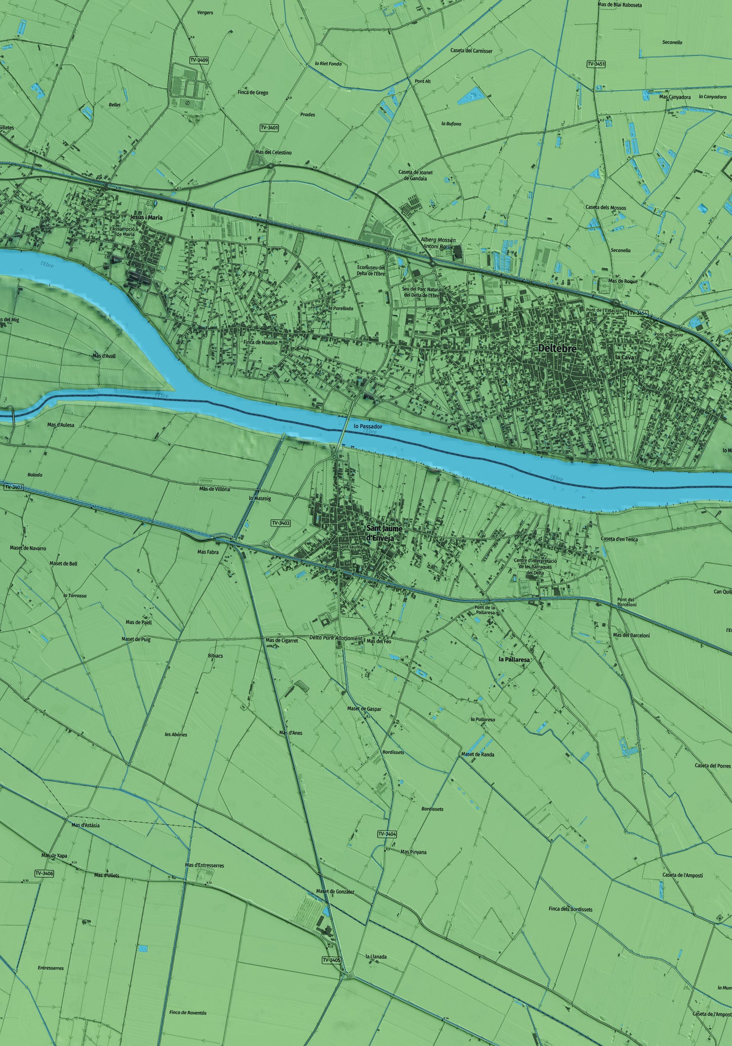 Mapa artístico del relieve de Sant Jaume d'Enveja, al Montsià, con 15 km de entorno y base topográfica ICGC. Detalle de la zona central.
